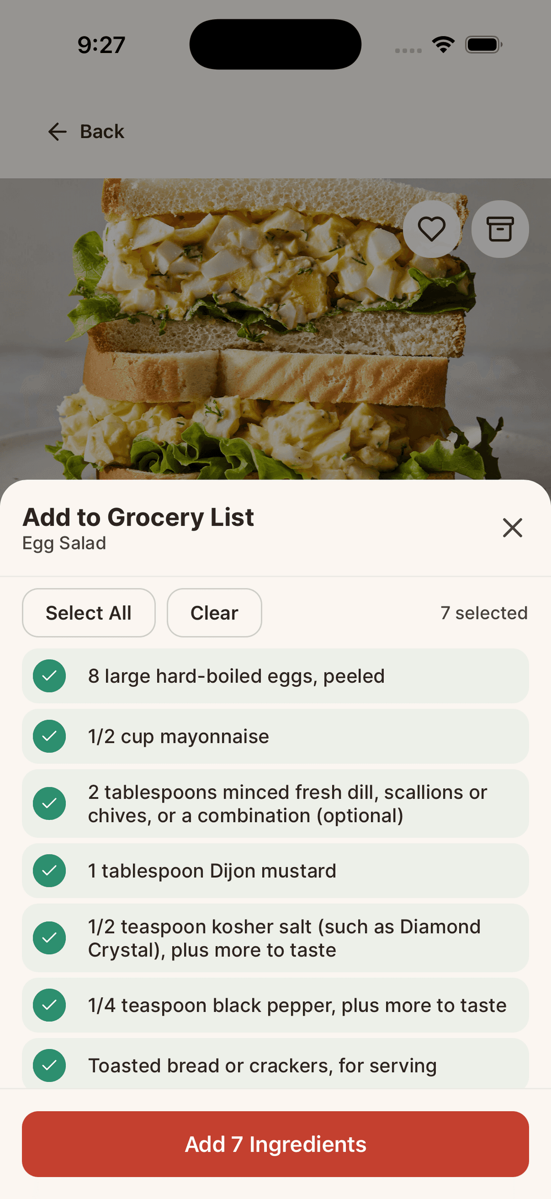 Spiceful on iPhone — adding recipe ingredients to grocery list