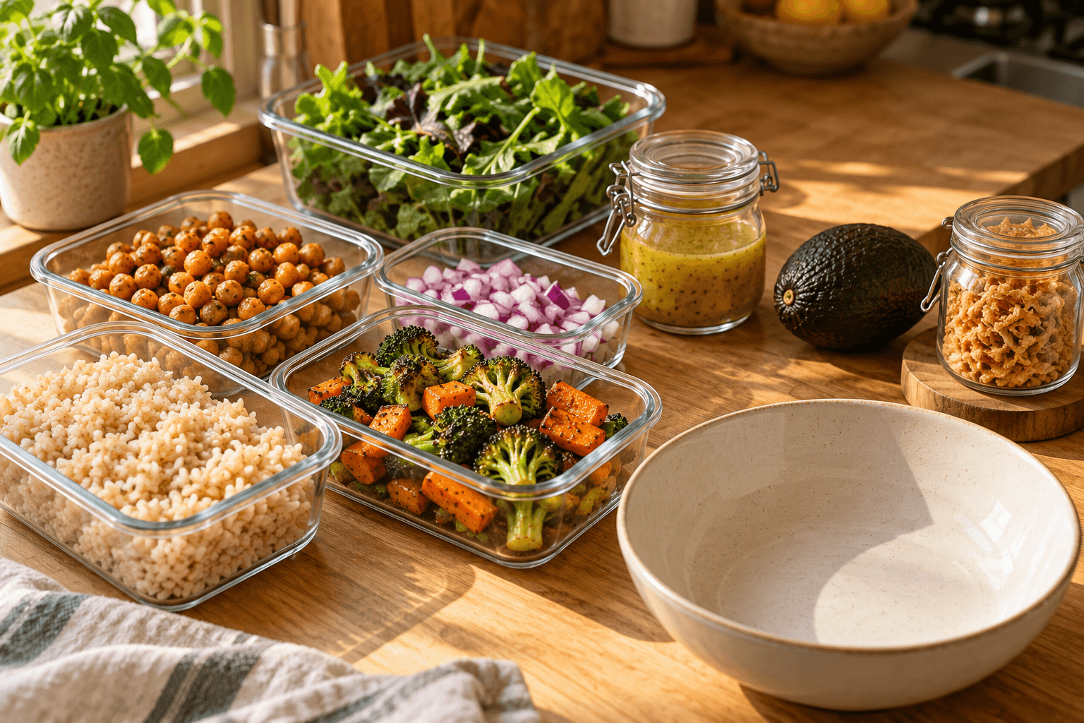 Meal-prep components in separate containers on a refrigerator shelf, with avocado and crispy fried onions protected under small glass domes.