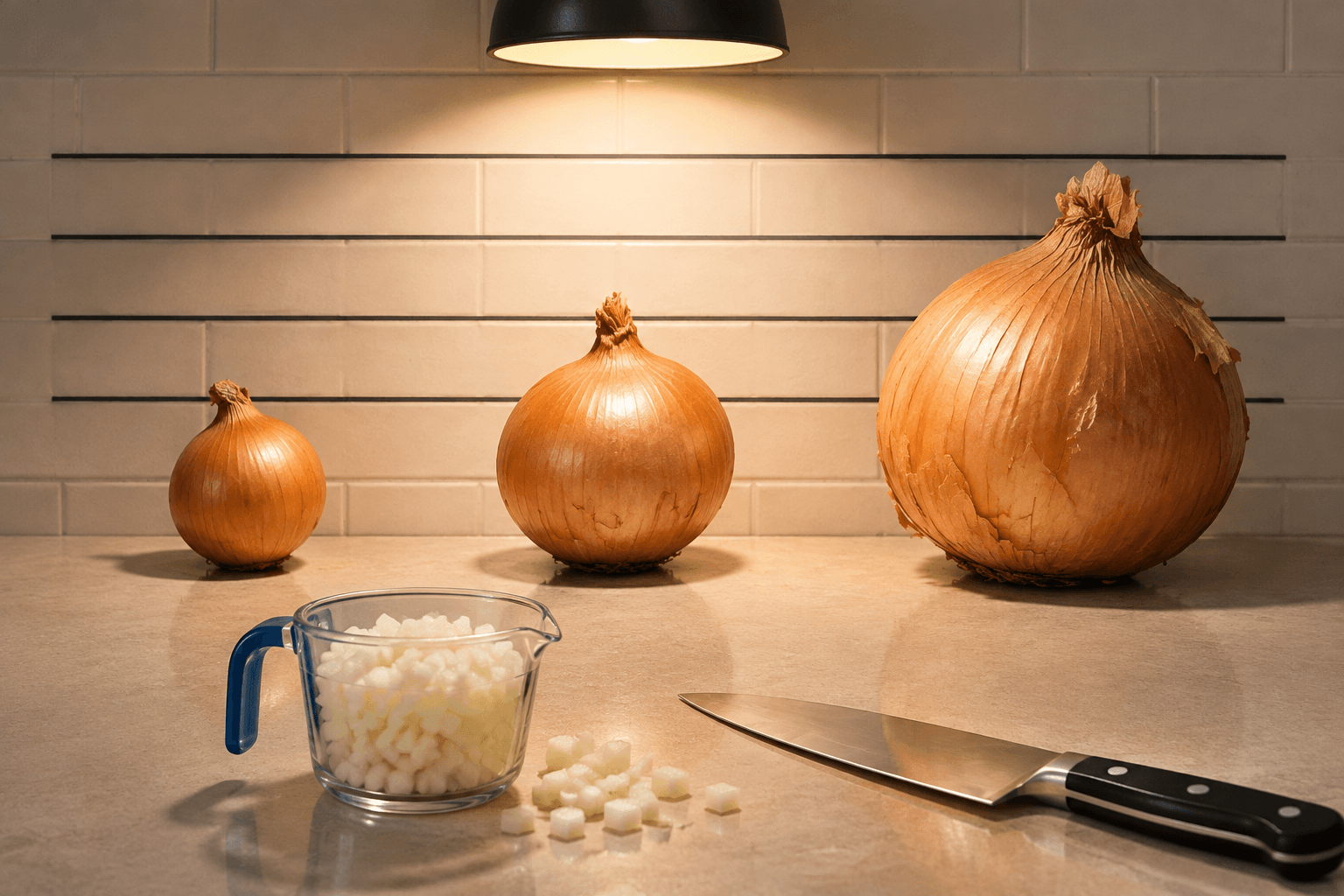 Three differently sized yellow onions posed like a police lineup, with chopped onion in a measuring cup in front of them.
