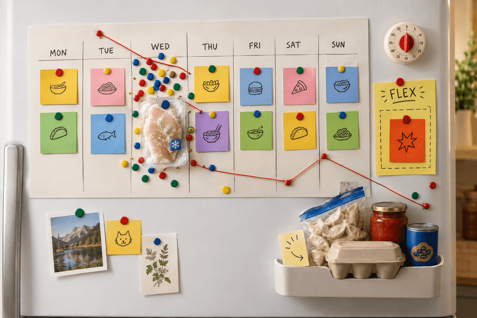 A refrigerator meal-plan board treated like a military operations map, with Wednesday in disarray and a fallback dinner waiting nearby.