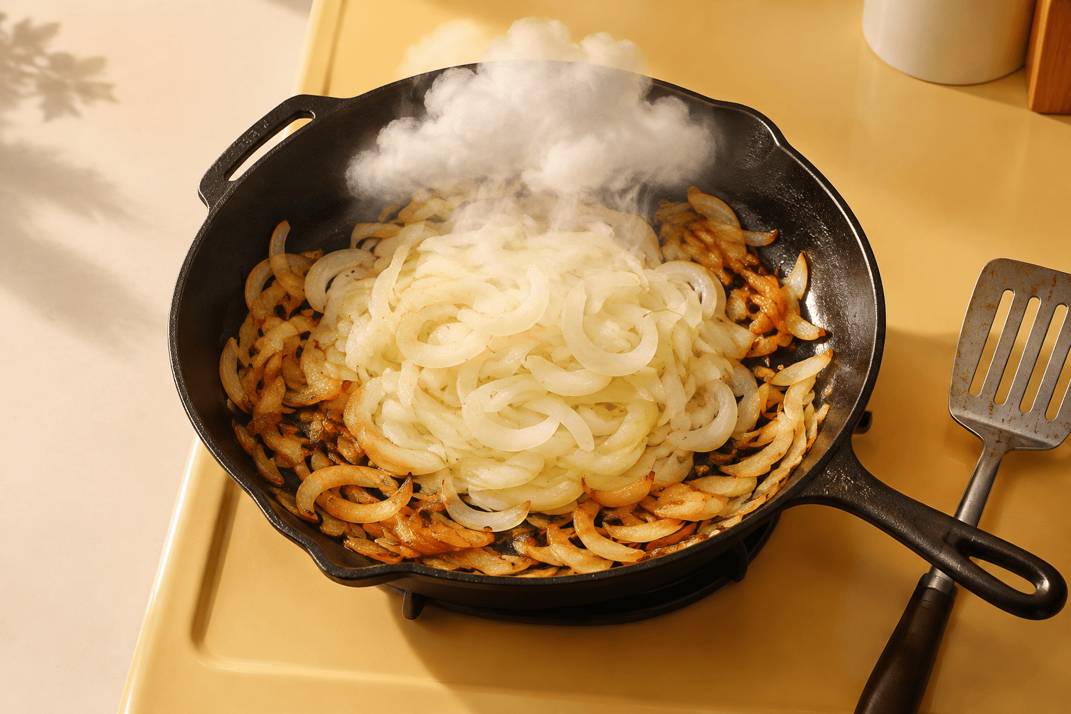 A crowded skillet of pale sliced onions sends up a cloud of steam, while onions spread around the edge are beginning to brown.