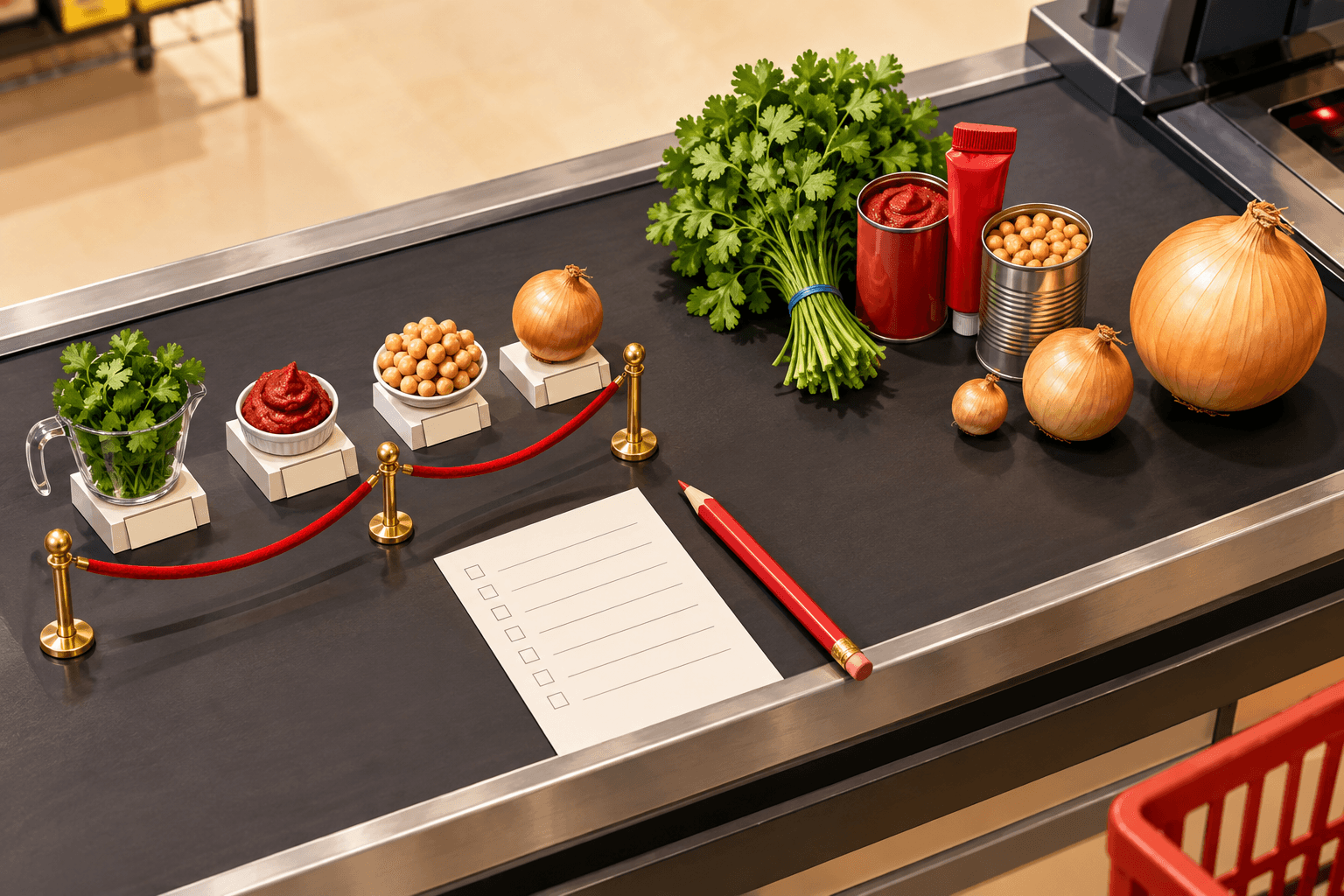 A humorous checkout-belt still life contrasts tiny recipe measurements with full grocery-store packages, including cilantro, tomato paste, chickpeas, and wildly different onion sizes.