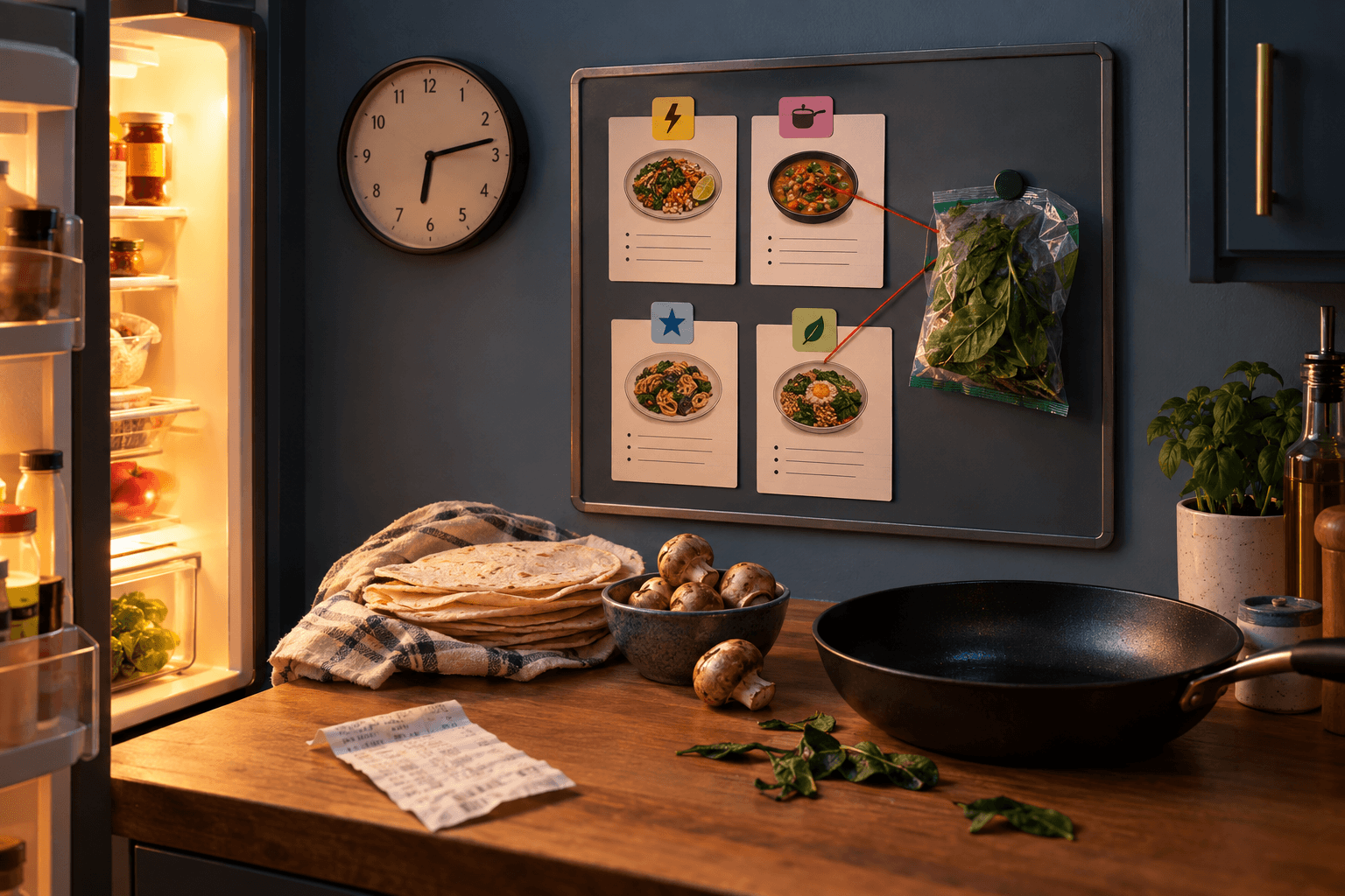 A 6:12 p.m. kitchen dinner command board uses icons to sort recipe cards by speed, cleanup, dependable repeats, and spinach rescue, with a bag of spinach treated as an urgent mission.