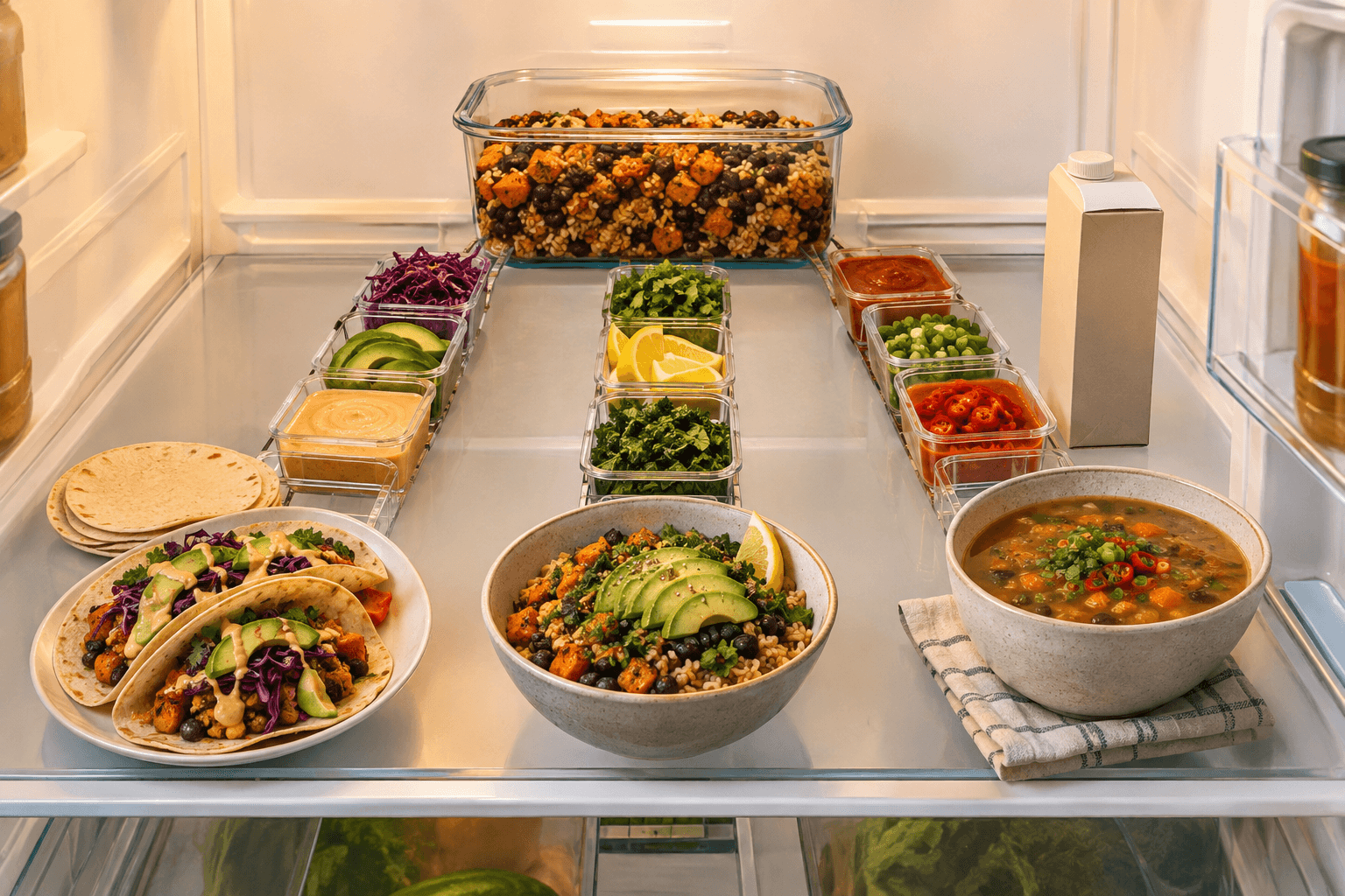 An open refrigerator shelf where containers of rice, beans, and roasted vegetables branch toward taco, grain-bowl, and soup ingredients.