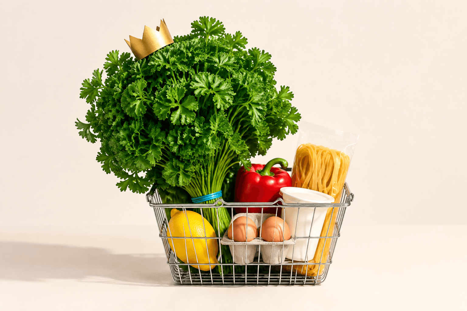 An oversized bunch of parsley wearing a tiny crown overwhelms a small grocery basket of practical ingredients.