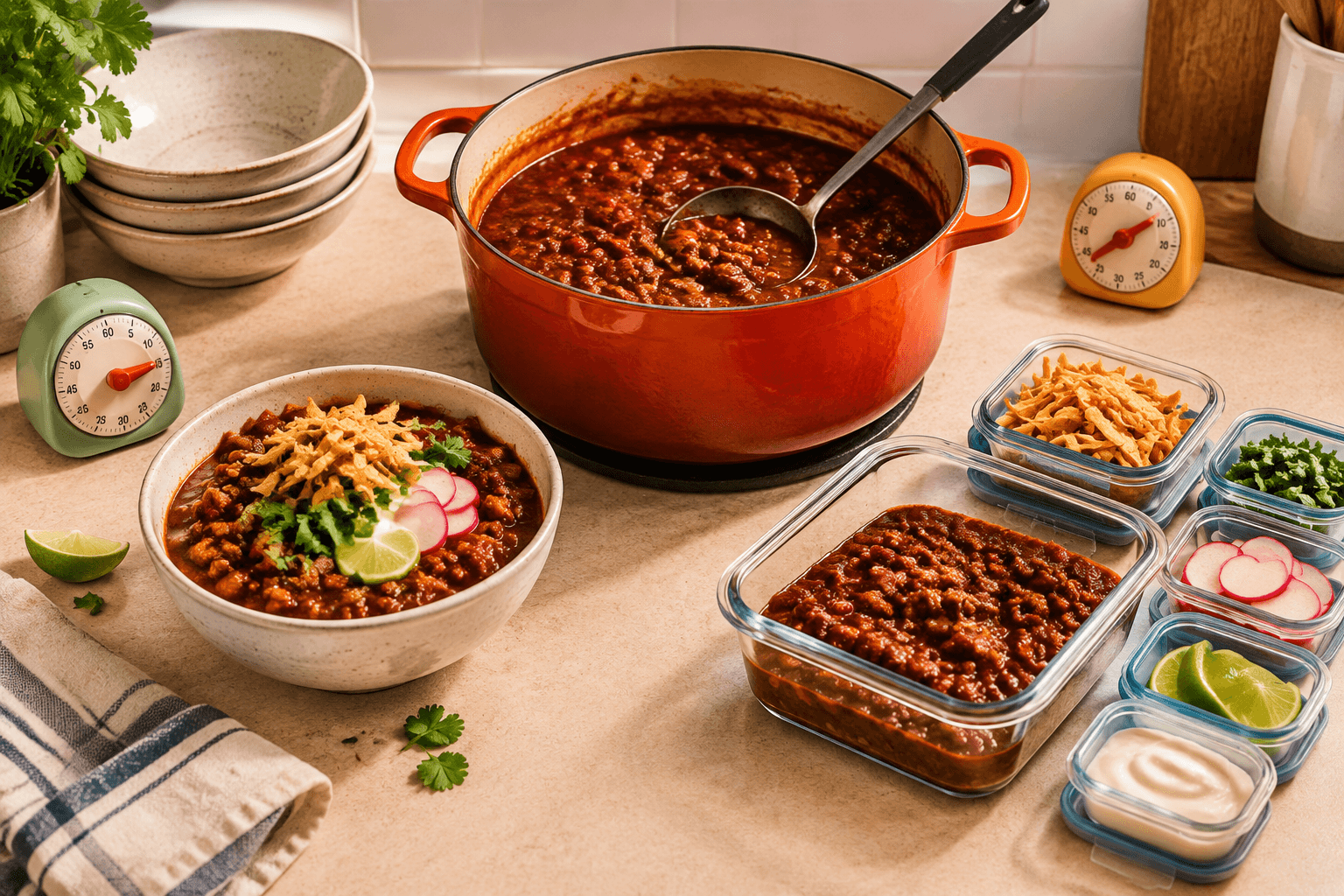A pot of chili is staged like a dinner dispatch center, with one finished bowl and a later portion stored separately beside fresh toppings and timers set to different times.