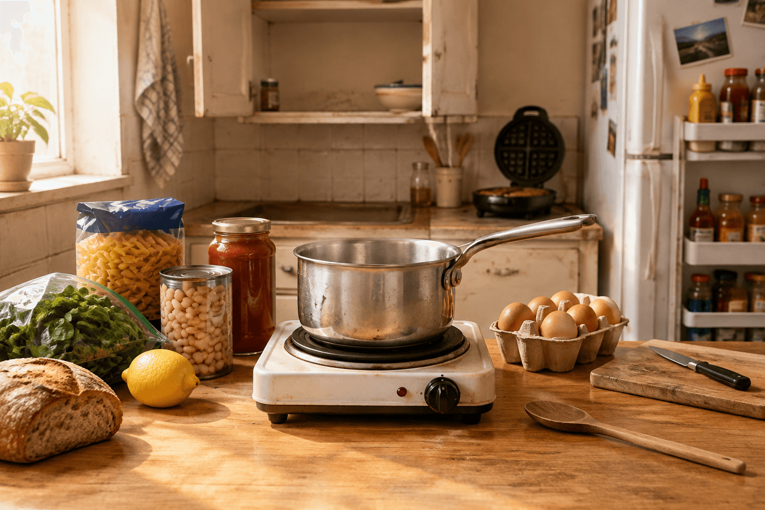 A dented saucepan on a rental-kitchen burner, surrounded by simple groceries chosen for cooking with limited equipment.