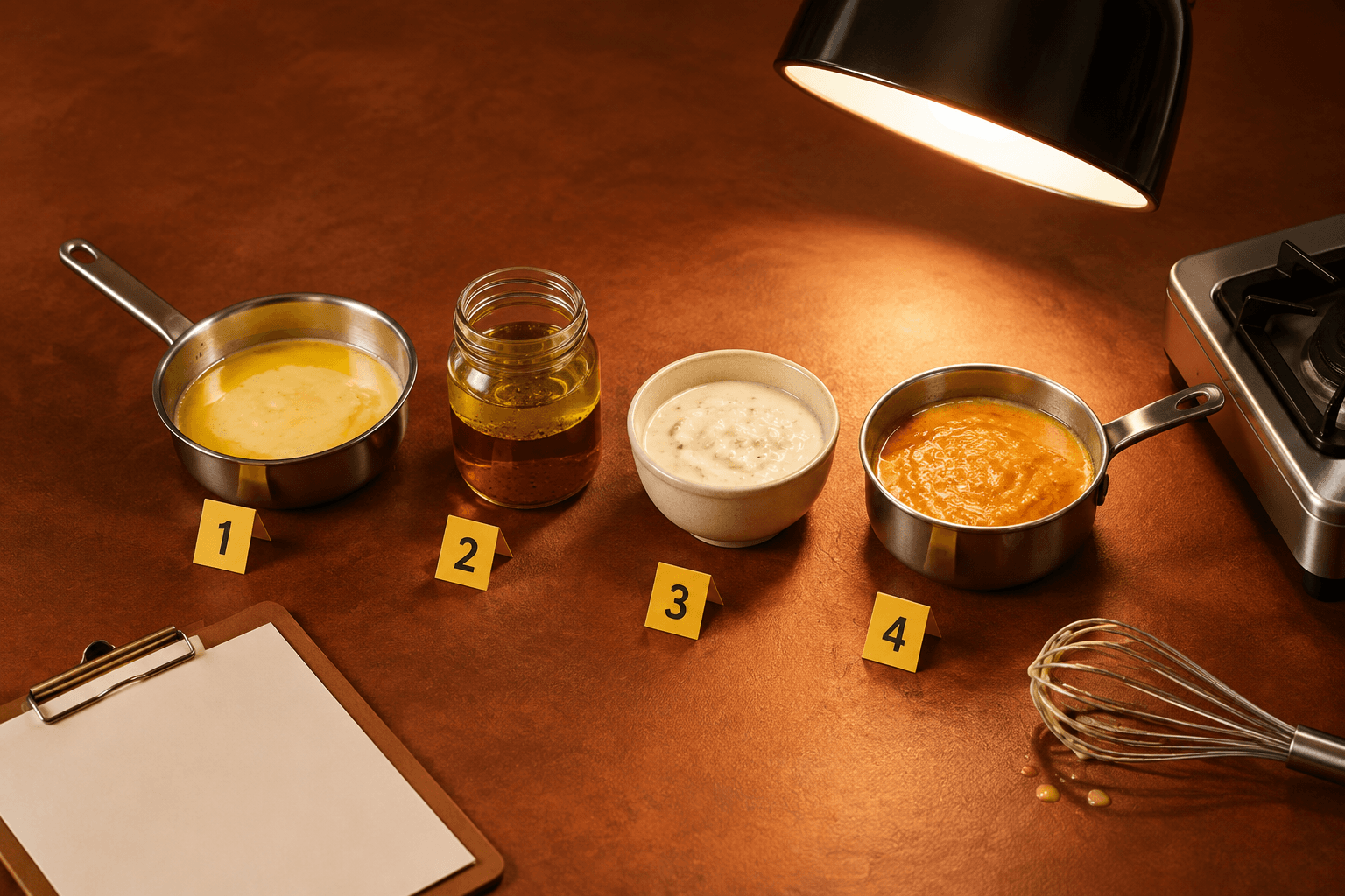 Four visibly different broken sauces arranged like evidence in a tiny kitchen triage station, with an unused whisk beside them.