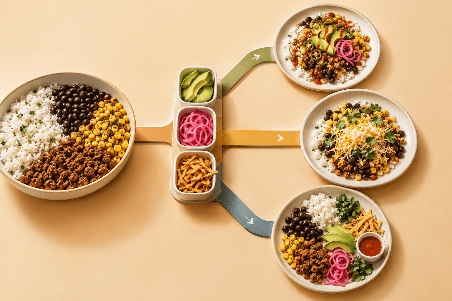 A shared taco-bowl dinner branches at the last moment into three differently customized plates, including spicy, cheesy-herby, and sauce-on-the-side versions.