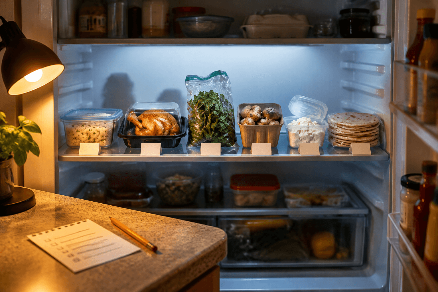 An open refrigerator lit like an interrogation room, with leftover rice, chicken, spinach, mushrooms, feta, and tortillas lined up on a shelf.