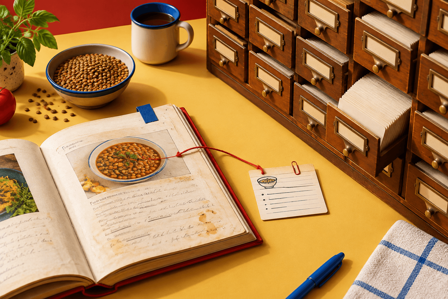 A bookmarked cookbook and one small index card sit in front of an unnecessarily huge library card catalog.