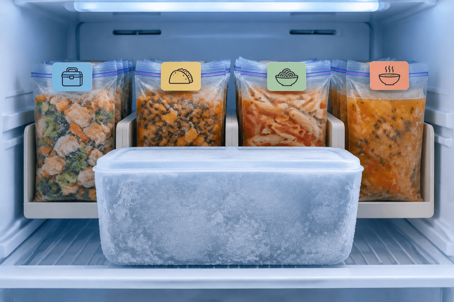 An organized freezer holds upright, portioned bags marked with meal icons beside one large unlabeled frosty container.