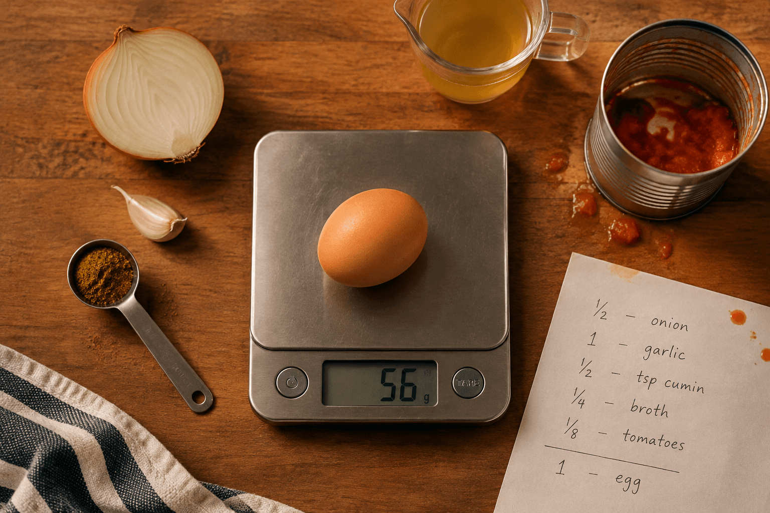 A single egg sits on a kitchen scale amid carefully halved soup ingredients, making it the stubborn obstacle in scaling dinner down.