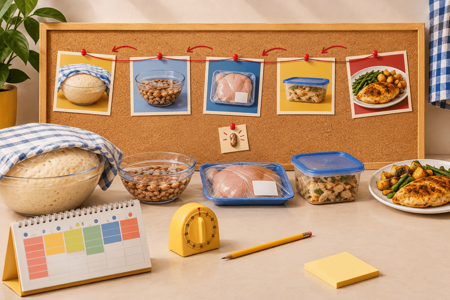 An over-serious dinner dependency board links a chicken dinner, leftovers, thawing ingredients, soaking beans, and rising pizza dough with arrows running backward through the week.