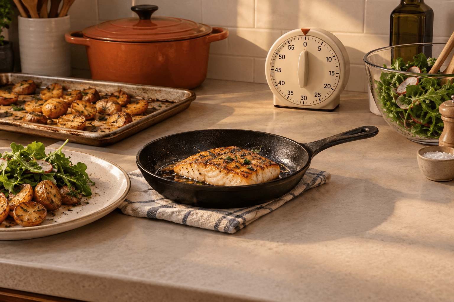 A crisp fish fillet is staged as the urgent final arrival in a carefully timed dinner, while roasted potatoes and other components wait calmly nearby.