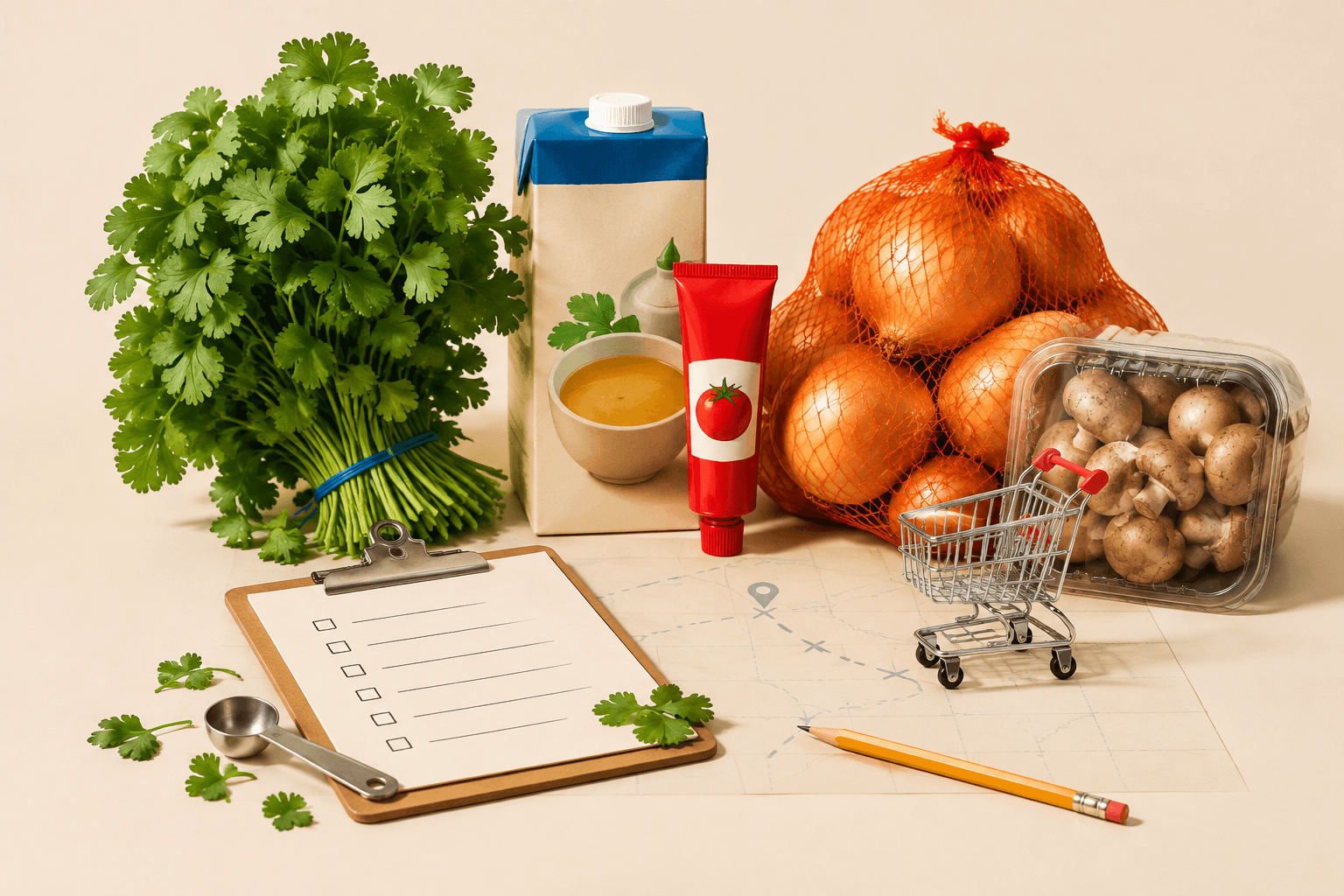 A small grocery list with a measuring spoon and cilantro leaves confronts oversized grocery-store packages, including a cilantro bunch, broth carton, tomato paste tube, onions, and mushrooms.