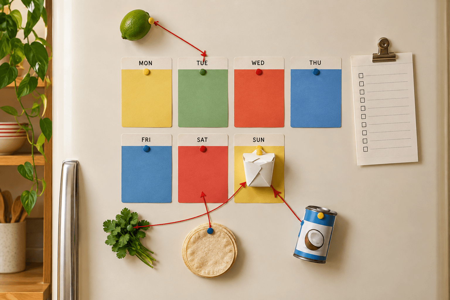 A refrigerator meal-plan board treats a takeout night like a serious operations-room reroute, with a few groceries redirected to other meals.