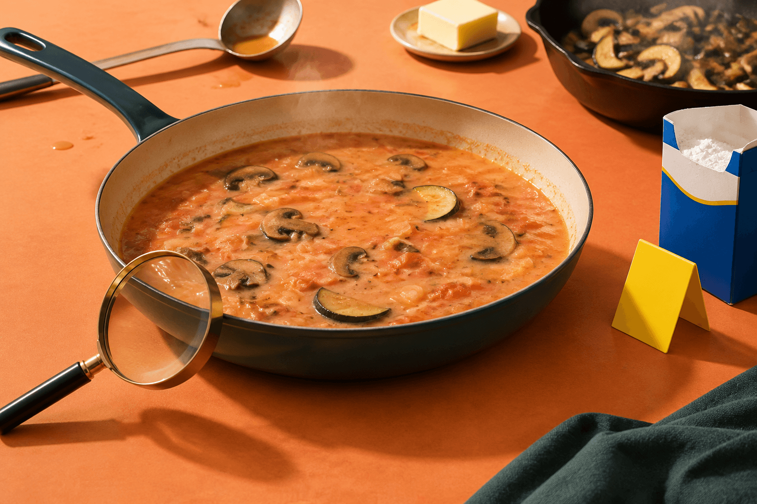 A thin sauce in a skillet staged as a playful kitchen crime scene, with a magnifying glass and cornstarch waiting nearby.