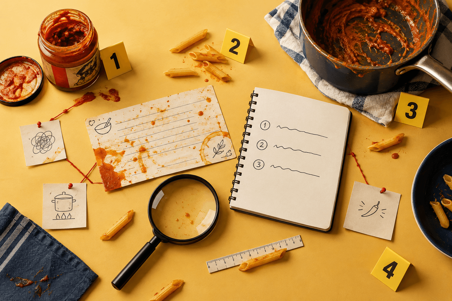 A recipe notebook staged like a tiny kitchen crime scene, with pasta, curry paste, sauce residue, and detective-style evidence details.