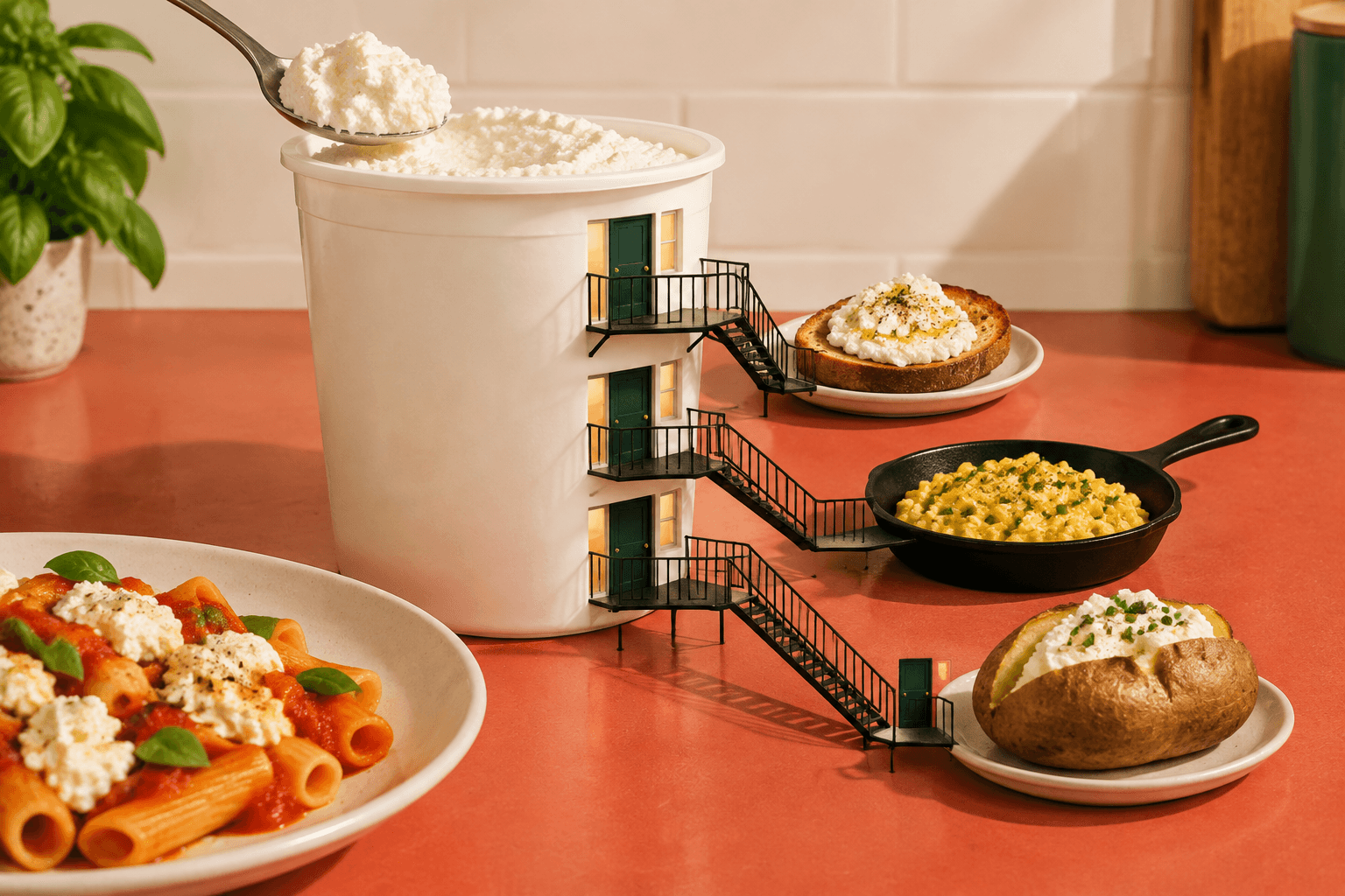 An oversized tub of ricotta styled like an apartment building with a fire escape leading toward toast, scrambled eggs, and a baked potato.